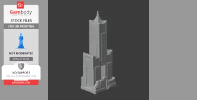 Gray 3D model of a tall, detailed skyscraper with a tapered spire at the top.