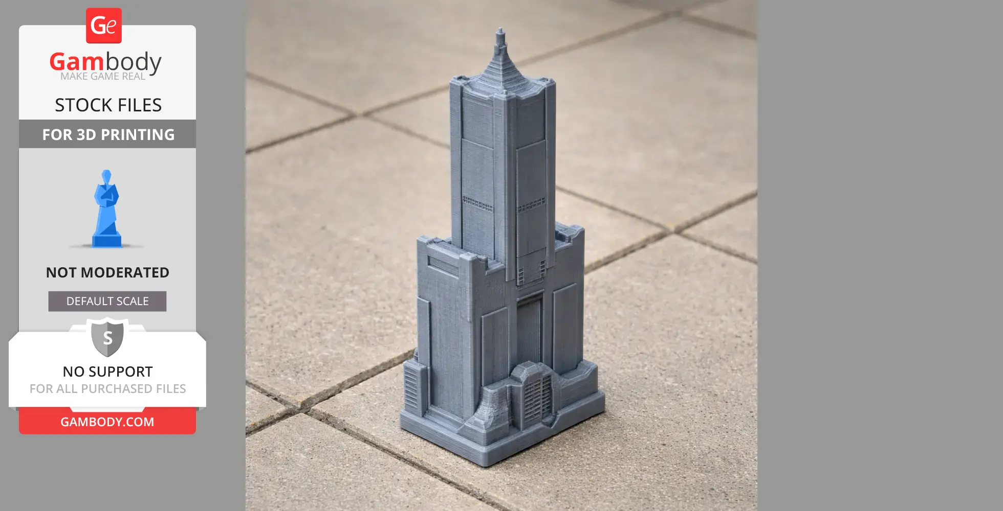 A 3D-printed model of the Tuntex Sky Tower on a tiled surface.