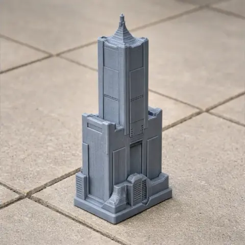 A detailed 3D-printed model of the Tuntex Sky Tower, featuring a tiered, modern architectural design.
