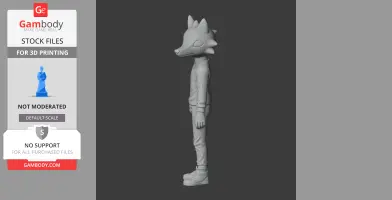3D model of anthropomorphic character with fox-like head, wearing casual clothing, side view.