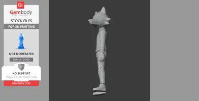 3D model of an anthropomorphic fox character standing in profile, wearing casual clothing.