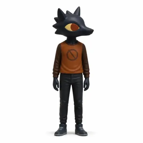 Anthropomorphic wolf figure in a brown shirt with circular symbol, black pants, and shoes, standing upright.