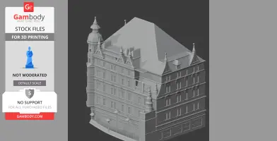Detailed 3D model of a historic European-style building with spires and ornate façade.