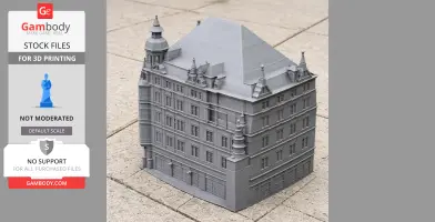 A detailed 3D-printed model of a historic European building with ornate architectural features.