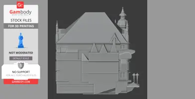 3D model of a detailed, historic building with towers and steep roofs.