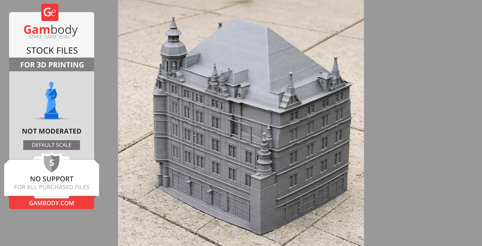 A detailed 3D-printed model of a historic European building with ornate architectural features.
