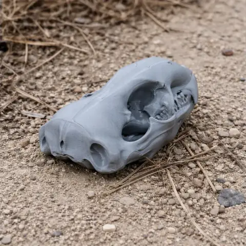 3D-printed leopard seal skull replica resting on sandy ground with sparse vegetation.