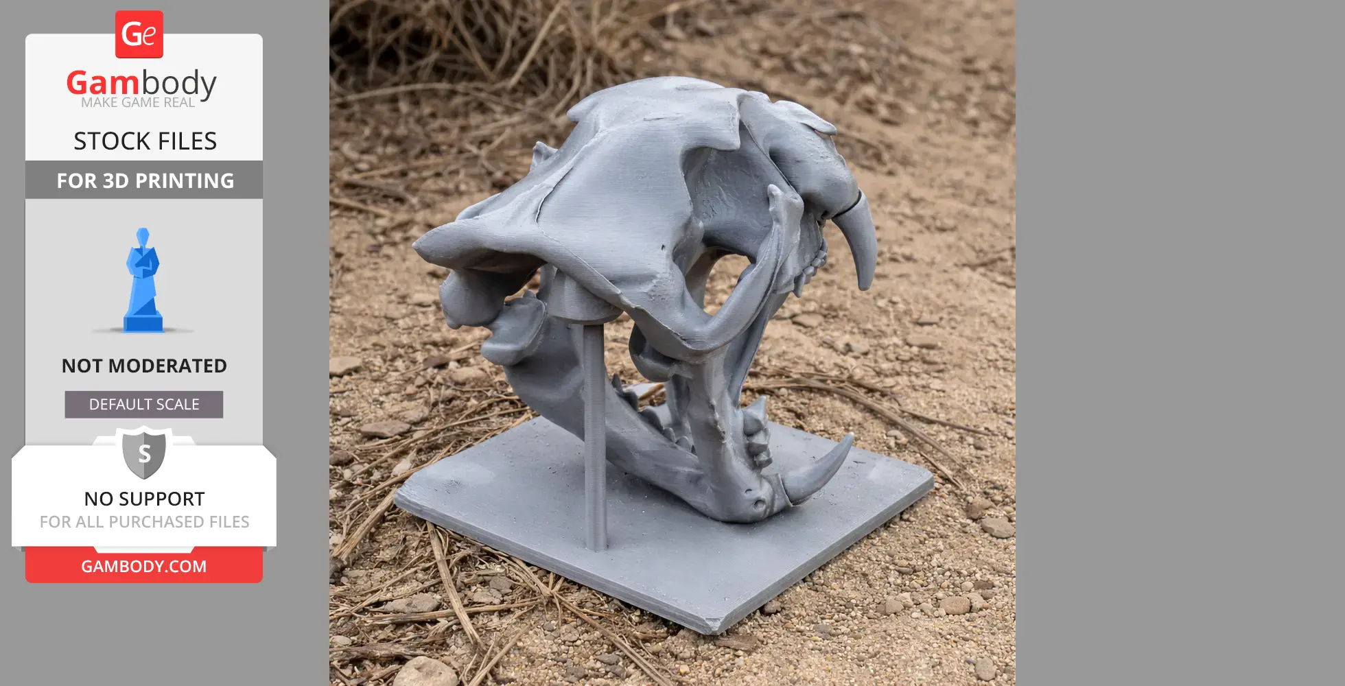 A detailed 3D-printed leopard skull replica on a stand, displayed on a sandy ground.