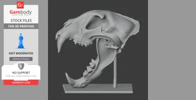 Side view of a realistic leopard skull replica on a stand, designed for 3D printing.