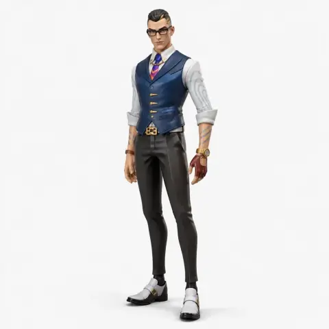 Stylish figure in a suit and vest, with glasses, clasped hands, prepared for 3D printing.