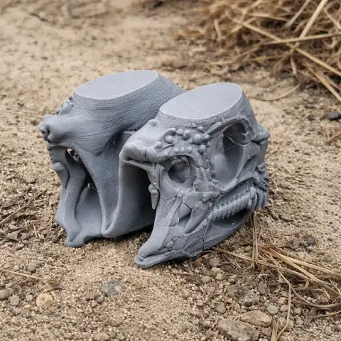3D-printed Leptailurus fossil skull replica on sandy ground, showcasing detailed features.