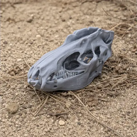 3D-printed model of a Lesser Hedgehog Tenrec skull on a sandy surface.