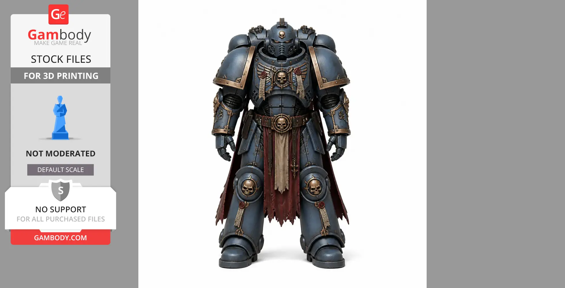 Armored sci-fi warrior figurine with skull motifs and intricate details, prepared for 3D printing.