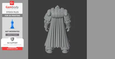 Armored figure model with detailed gauntlets and flowing cape, viewed from behind for 3D printing.