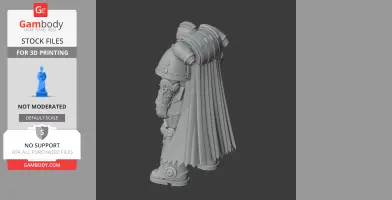 Armored sci-fi warrior figure with a flowing cape and intricate details, ready for 3D printing.