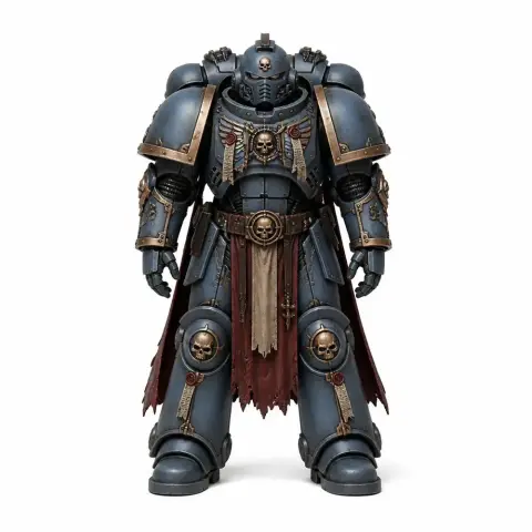 Armored warrior figure with skull motifs and blue ornate plating, ready for 3D printing.