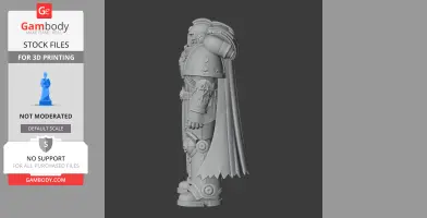 Armored figure with detailed suit and cape, side view, designed for 3D printing.
