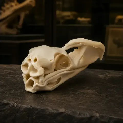 3D printed Llallawavis scagliai skull replica on a dark surface.