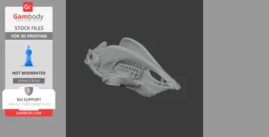 3D model of a detailed llama skull, suitable for 3D printing, displayed on a gray background.