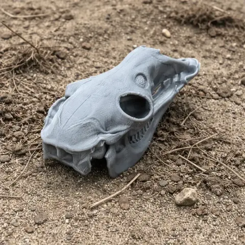 3D printed llama skull replica on a sandy surface.