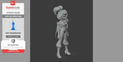 Female character in a cape and boots, styled for 3D printing, standing with a side glance.