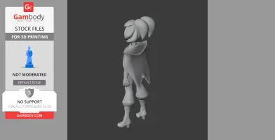 Stylized 3D model of a character with a cape, ponytail, and high-heeled boots, viewed from the side.