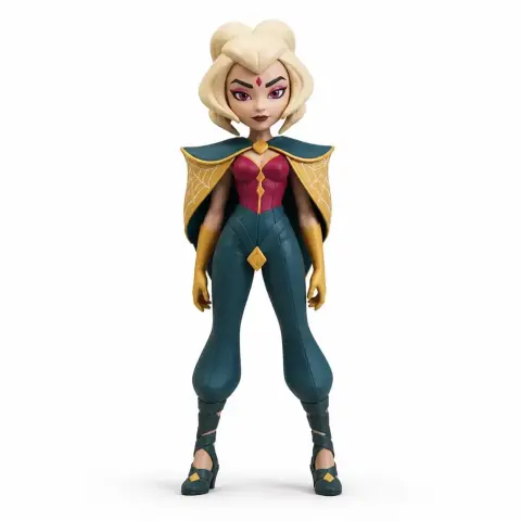 Stylized female character with blonde hair, colorful outfit, and cape, from a game, for 3D printing.