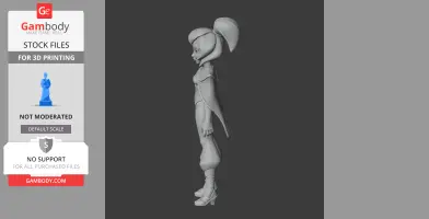 A side-view 3D model of a character with a ponytail and cape, designed for 3D printing.