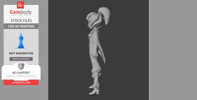 Stylized female character figurine in profile, wearing boots and a cape, with a large ponytail.