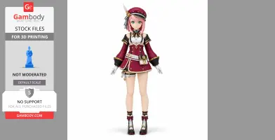 Anime-style figurine with pink hair, red outfit, and feathered hat, designed for 3D printing.