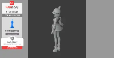 3D model of a female character with a hat and dress, viewed from behind, ready for 3D printing.