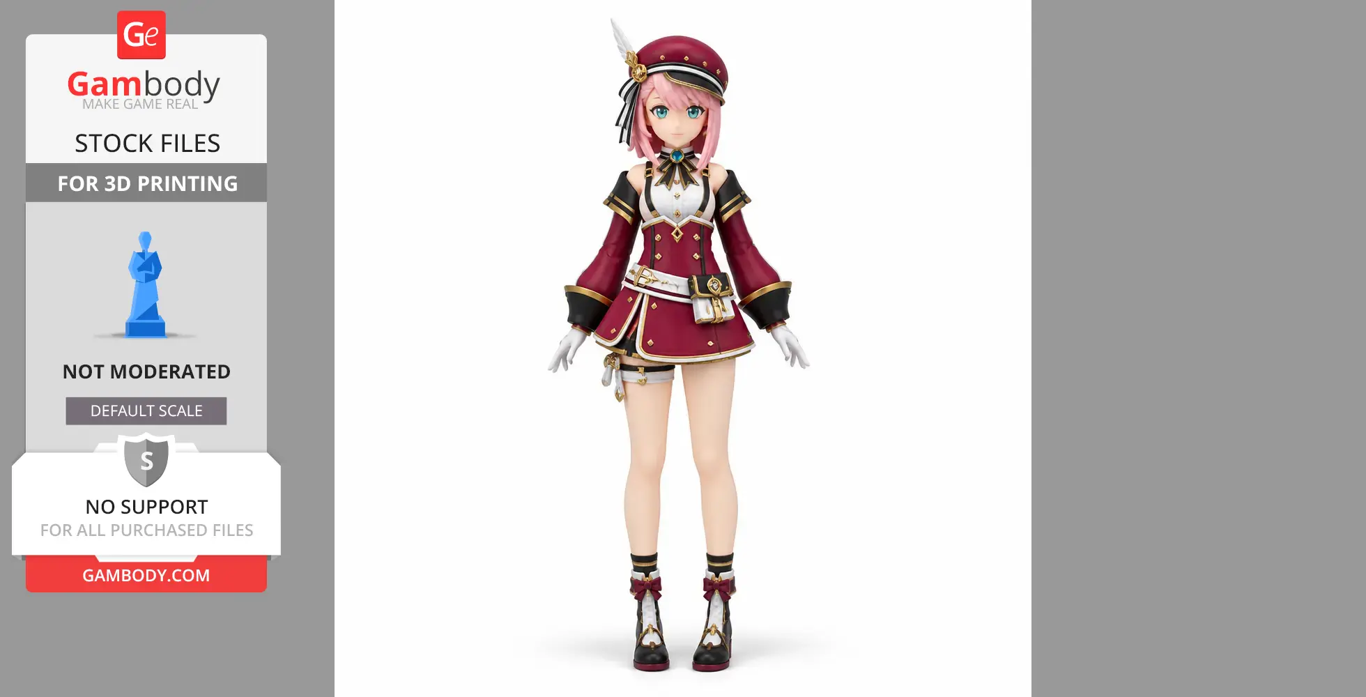 Anime-style figurine with pink hair, red outfit, and feathered hat, designed for 3D printing.