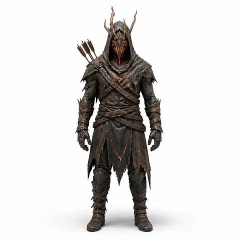A charred archer figurine with armor, hood, and arrows, designed for 3D printing from Valheim.