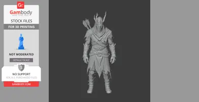 A detailed 3D model of a hooded archer with quiver and arrows, wearing layered armor, styled for printing.