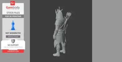 A 3D model of a hooded archer with antler-like details, wearing a quiver of arrows on the back.