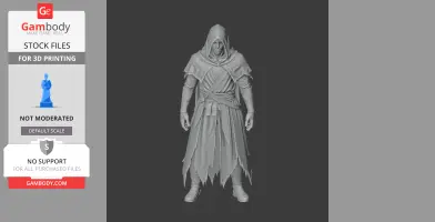 Hooded mage figurine in robes, ready for 3D printing. Detailed attire, Valheim style.