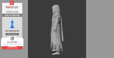 Hooded mage figurine in robes with tattered edges, designed for 3D printing.