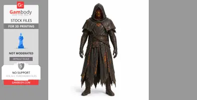 Hooded, charred mage figure with glowing cracks in tattered robe, ready for 3D printing.