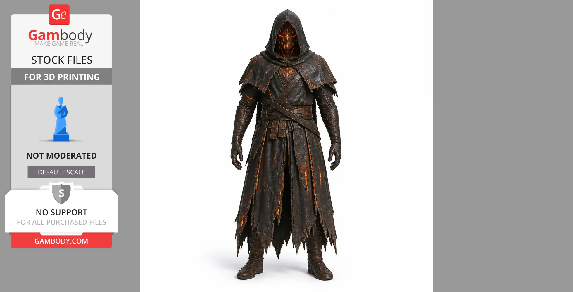 Hooded, charred mage figure with glowing cracks in tattered robe, ready for 3D printing.