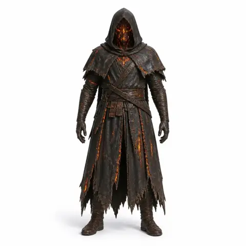 Hooded mage in charred robes with glowing red cracks, suggesting a mystical aura.