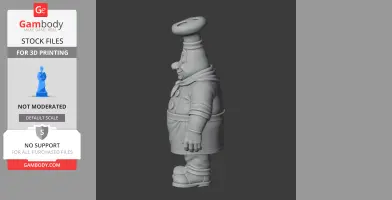 Side view of a chef figurine with a tall hat, round belly, and apron, designed for 3D printing.