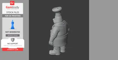 3D model of a plump chef with a tall hat, wearing an apron and boots, ready for 3D printing.