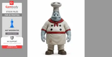 A cartoonish chef figurine with a large white hat, red scarf, and buttons, designed for 3D printing.