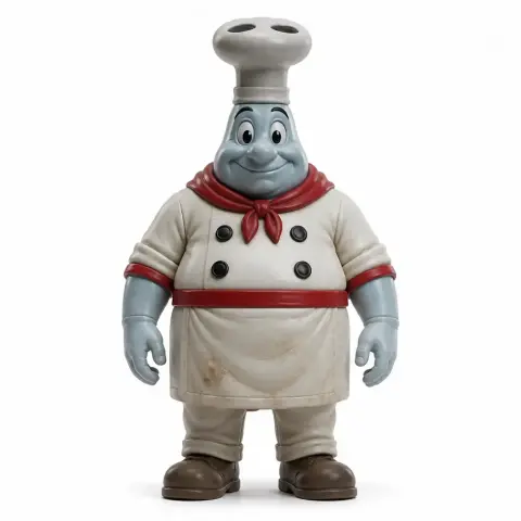 Smiling character in chef attire with a large hat, red scarf, and buttoned outfit, standing upright.