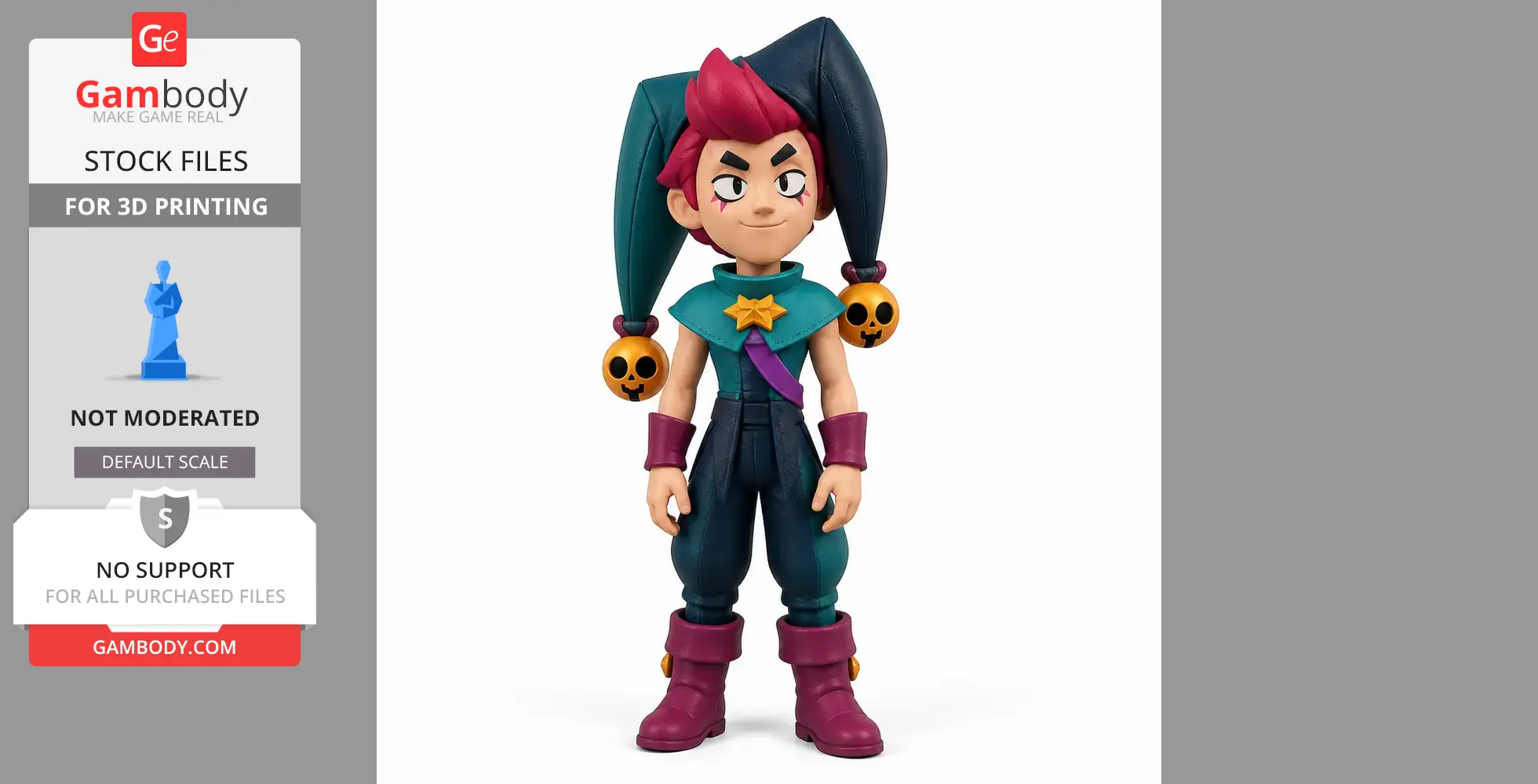 A colorful character figurine with a jester hat, pink boots, and teal clothing, designed for 3D printing.
