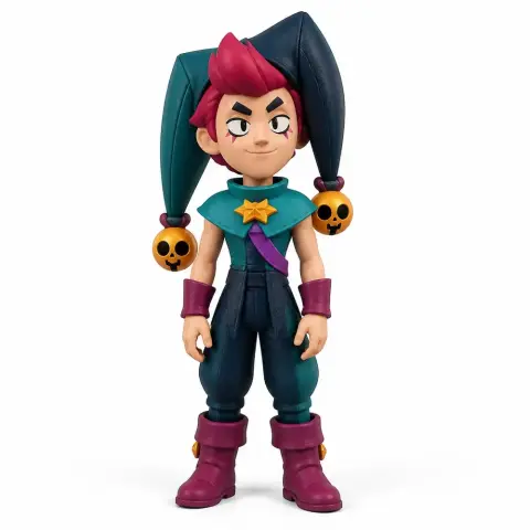 Chester figurine from Brawl Stars, wearing a jester-style outfit with a star emblem and skull accents.