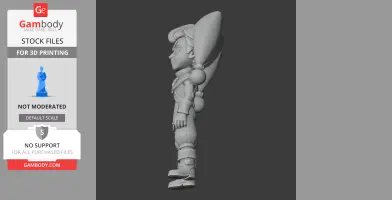 A 3D model of a smiling character with a large hat and round details, viewed from the side.