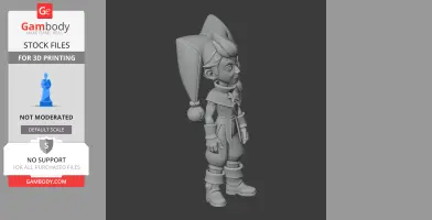 A 3D model of a cartoonish character with a star emblem, wearing a tall jester hat and boots.