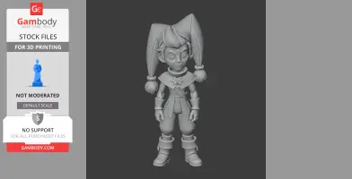 Figurine of a whimsical character with jester hat, detailed attire, and playful expression for 3D printing.