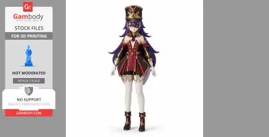 A detailed figurine of a character in elaborate red and black attire with gold accents and a tall hat.
